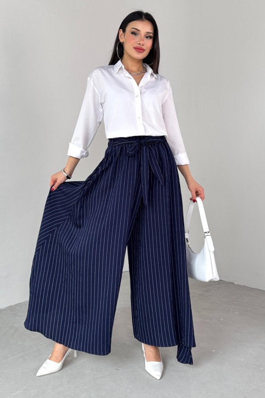 PNT-07411 Lacivert Çizgili Dokuma Şalvar Etek Pantolon