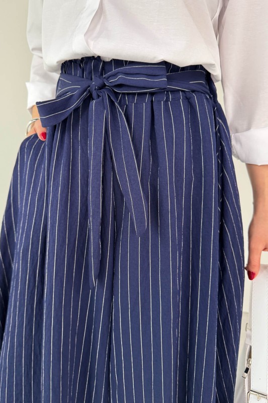PNT-07411 Lacivert Çizgili Dokuma Şalvar Etek Pantolon