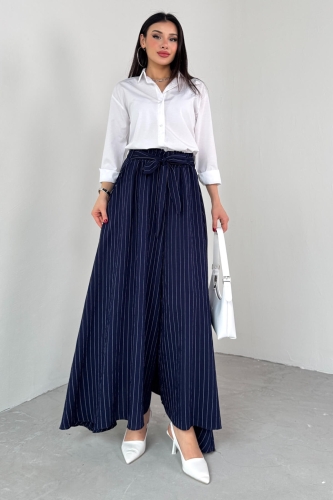 Cappmoda - PNT-07411 Lacivert Çizgili Dokuma Şalvar Etek Pantolon (1)