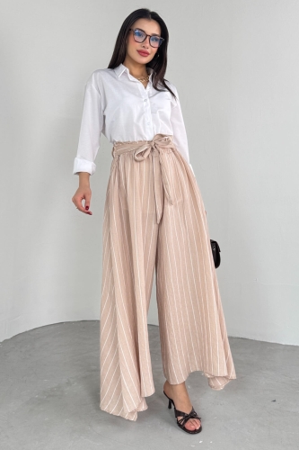 Cappmoda - PNT-07411 Vizon Çizgili Dokuma Şalvar Etek Pantolon (1)