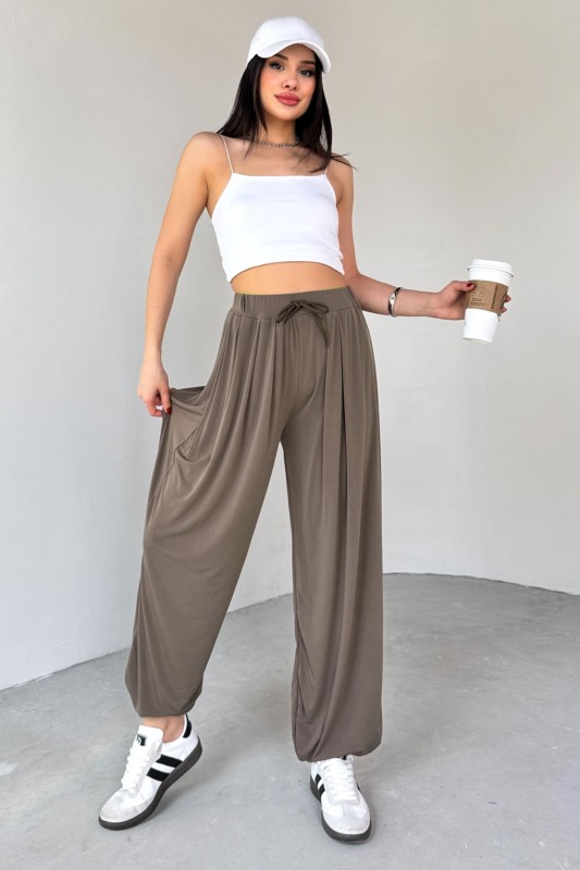 PNT-07413 Haki Modal Kumaş Paça Detaylı Şalvar Pantolon