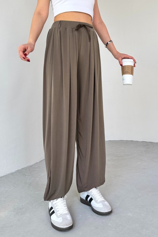 PNT-07413 Haki Modal Kumaş Paça Detaylı Şalvar Pantolon