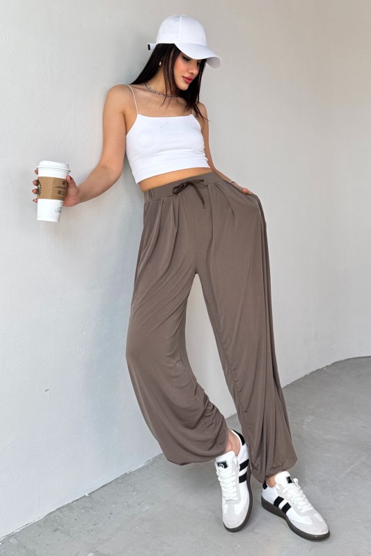 PNT-07413 Haki Modal Kumaş Paça Detaylı Şalvar Pantolon