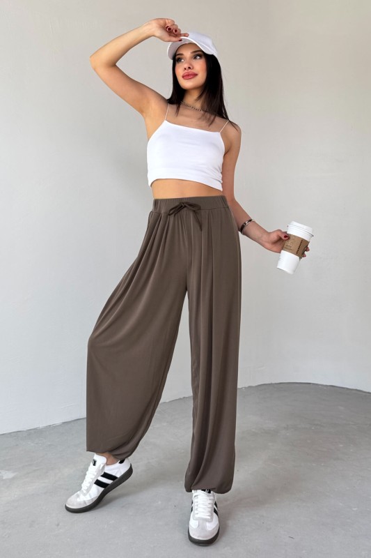 PNT-07413 Haki Modal Kumaş Paça Detaylı Şalvar Pantolon