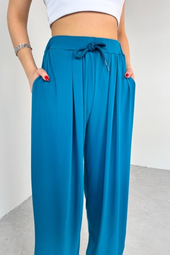 PNT-07413 Mavi Modal Kumaş Paça Detaylı Şalvar Pantolon - 3