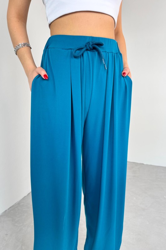 PNT-07413 Mavi Modal Kumaş Paça Detaylı Şalvar Pantolon - 3