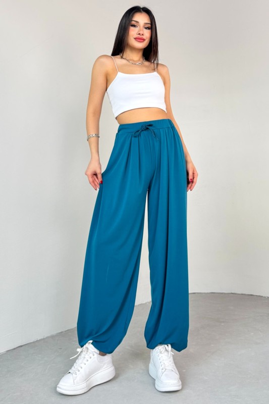 PNT-07413 Mavi Modal Kumaş Paça Detaylı Şalvar Pantolon - 4