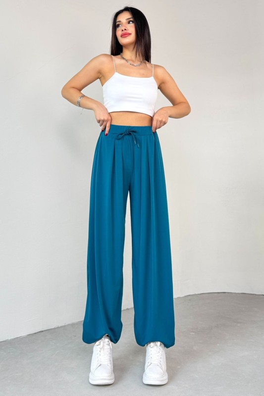 PNT-07413 Mavi Modal Kumaş Paça Detaylı Şalvar Pantolon - 5