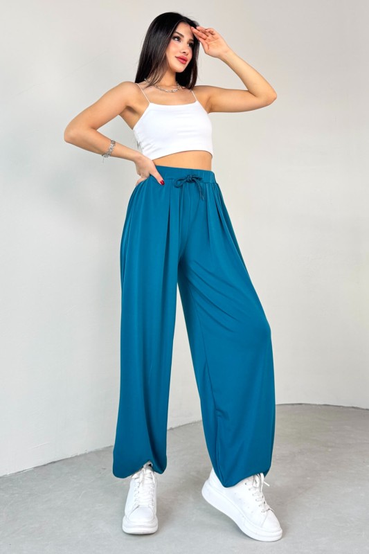 PNT-07413 Mavi Modal Kumaş Paça Detaylı Şalvar Pantolon - 6