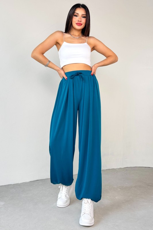 PNT-07413 Mavi Modal Kumaş Paça Detaylı Şalvar Pantolon - 7