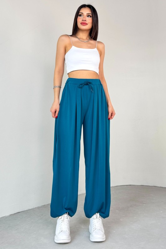 PNT-07413 Mavi Modal Kumaş Paça Detaylı Şalvar Pantolon - 8