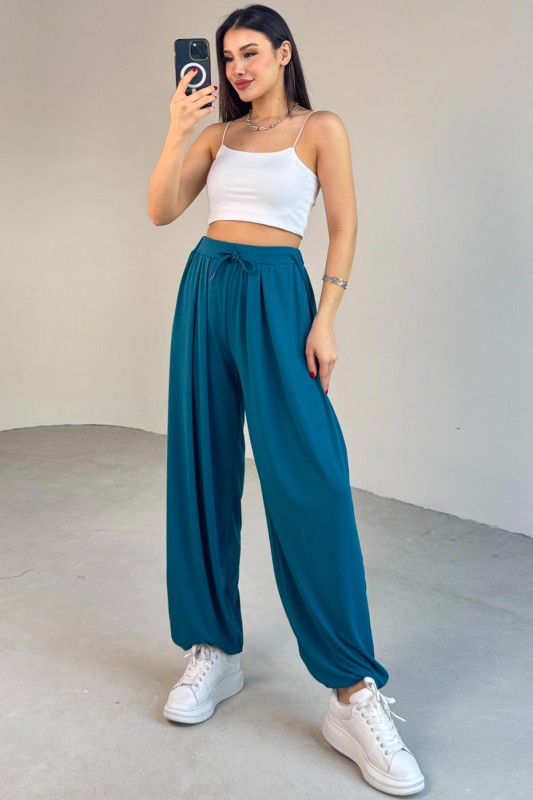 PNT-07413 Mavi Modal Kumaş Paça Detaylı Şalvar Pantolon - 10