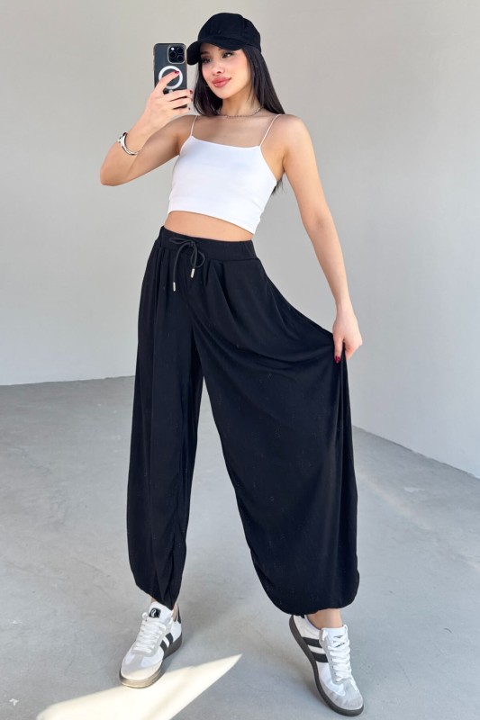 PNT-07413 Siyah Modal Kumaş Paça Detaylı Şalvar Pantolon