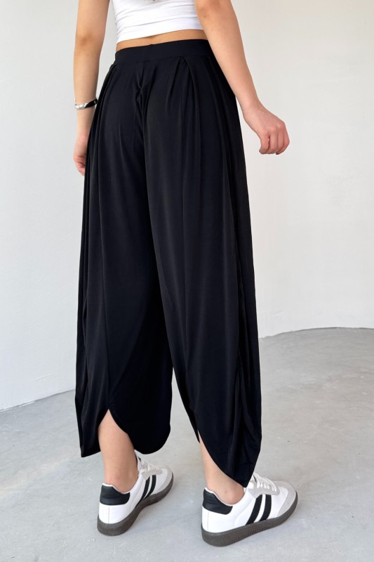 PNT-07413 Siyah Modal Kumaş Paça Detaylı Şalvar Pantolon