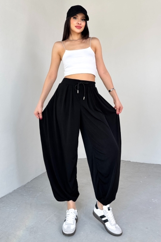 Cappmoda - PNT-07413 Siyah Modal Kumaş Paça Detaylı Şalvar Pantolon (1)