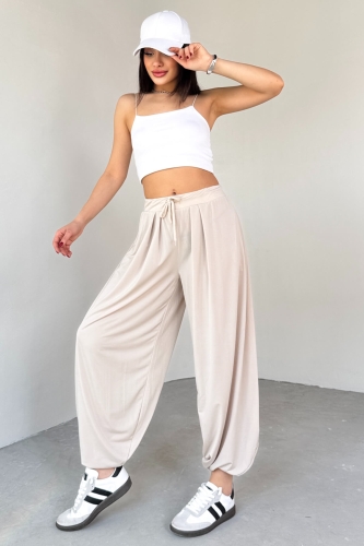 PNT-07413 Taş Rengi Modal Kumaş Paça Detaylı Şalvar Pantolon 