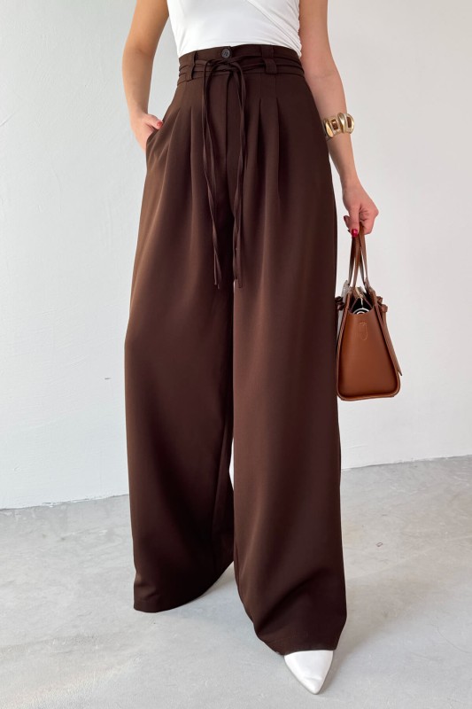 PNT-07414 Kahverengi İp Askı Model Tasarım Salaş Pantolon