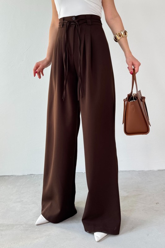 PNT-07414 Kahverengi İp Askı Model Tasarım Salaş Pantolon