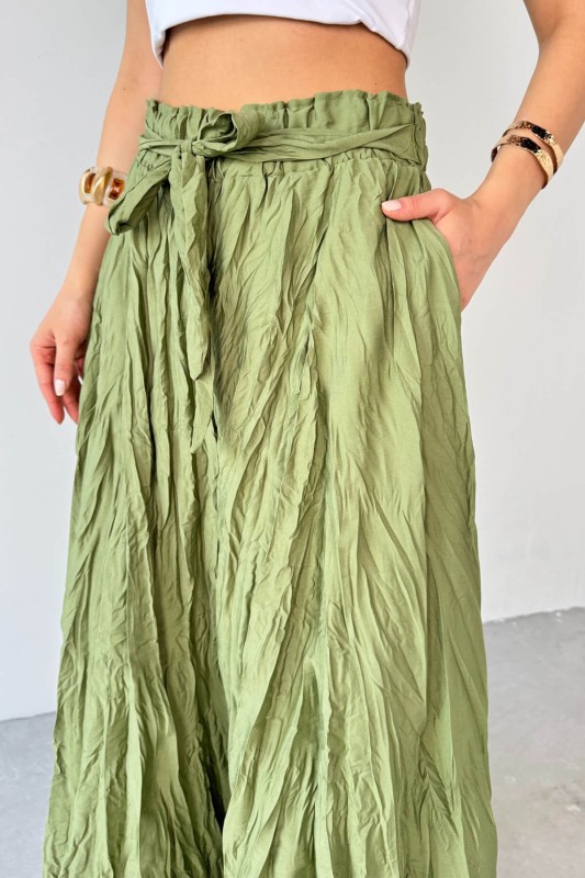 PNT-07415 Haki Bel Lastikli Buruşuk Kumaş Salaş Pantolon