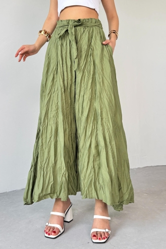 Cappmoda - PNT-07415 Haki Bel Lastikli Buruşuk Kumaş Salaş Pantolon (1)