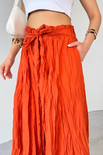 Cappmoda - PNT-07415 Kiremit Bel Lastikli Buruşuk Kumaş Salaş Pantolon (1)