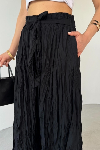 Cappmoda - PNT-07415 Siyah Bel Lastikli Buruşuk Kumaş Salaş Pantolon (1)
