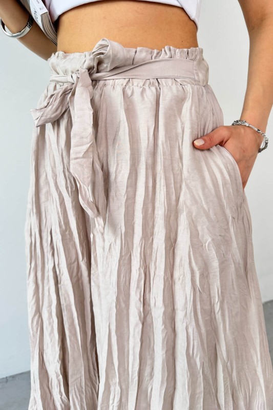 PNT-07415 Taş Rengi Bel Lastikli Buruşuk Kumaş Salaş Pantolon