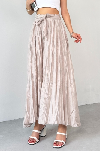 Cappmoda - PNT-07415 Taş Rengi Bel Lastikli Buruşuk Kumaş Salaş Pantolon (1)