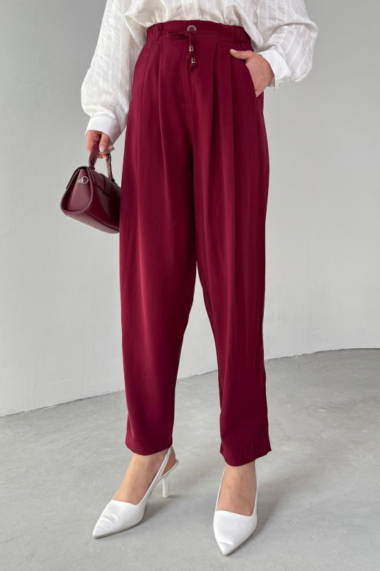 PNT-07416 Bordo Bel Bağlamalı Pensli Havuç Pantolon