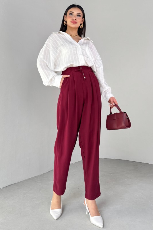 PNT-07416 Bordo Bel Bağlamalı Pensli Havuç Pantolon