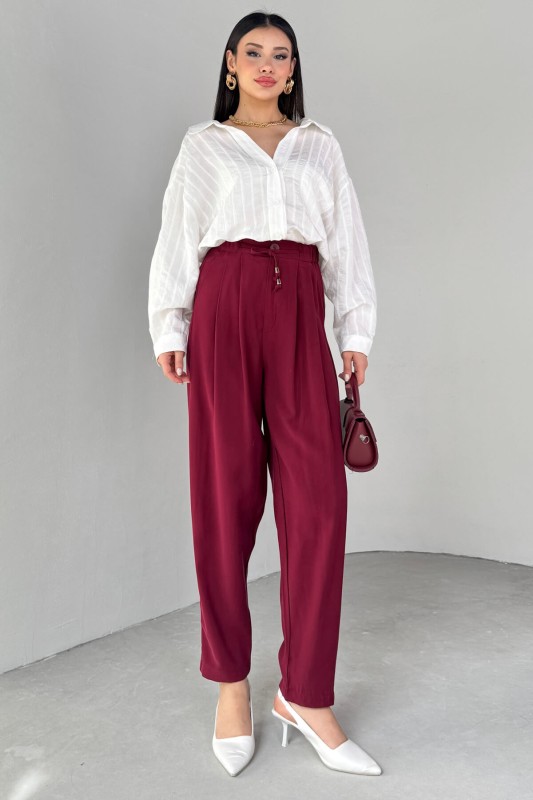 PNT-07416 Bordo Bel Bağlamalı Pensli Havuç Pantolon
