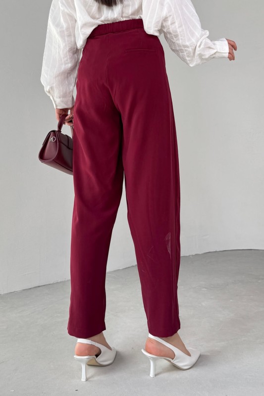 PNT-07416 Bordo Bel Bağlamalı Pensli Havuç Pantolon