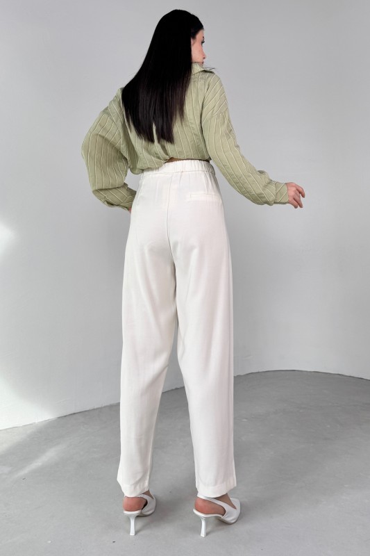 PNT-07416 Krem Bel Bağlamalı Pensli Havuç Pantolon