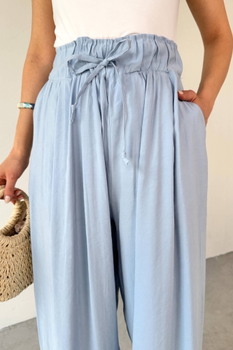 Cappmoda - PNT-07418 Bebe Mavi Bel Lastikli Bağlamalı Salaş Pantolon (1)