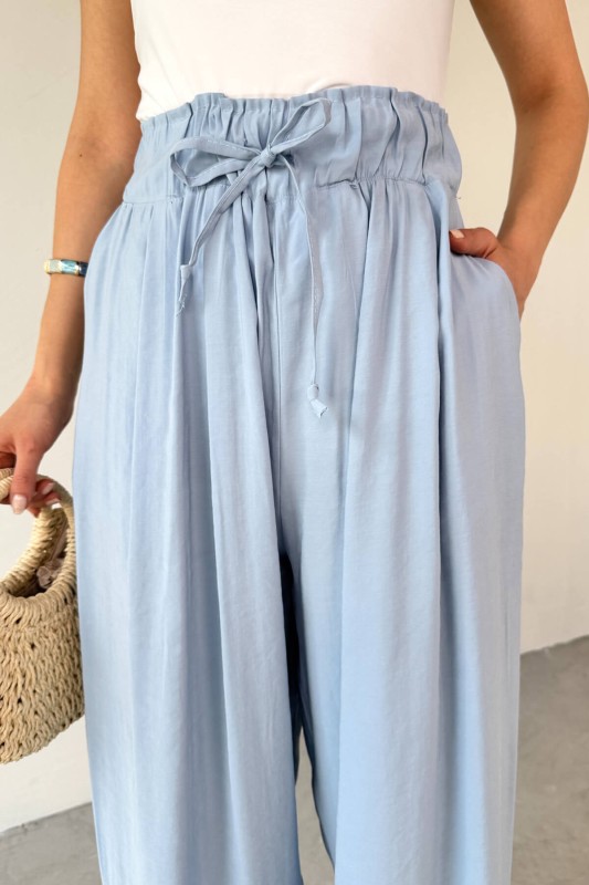 PNT-07418 Bebe Mavi Bel Lastikli Bağlamalı Salaş Pantolon