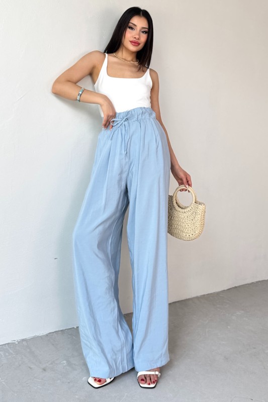 PNT-07418 Bebe Mavi Bel Lastikli Bağlamalı Salaş Pantolon