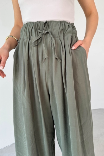Cappmoda - PNT-07418 Haki Bel Lastikli Bağlamalı Salaş Pantolon (1)