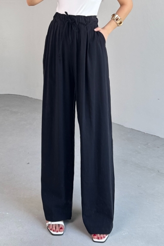 Cappmoda - PNT-07418 Siyah Bel Lastikli Bağlamalı Salaş Pantolon (1)