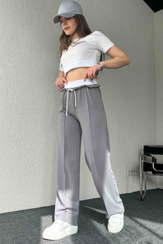 PNT-7382 Gri Çimalı Bel Lastikli Krep Kumaş Pantolon 