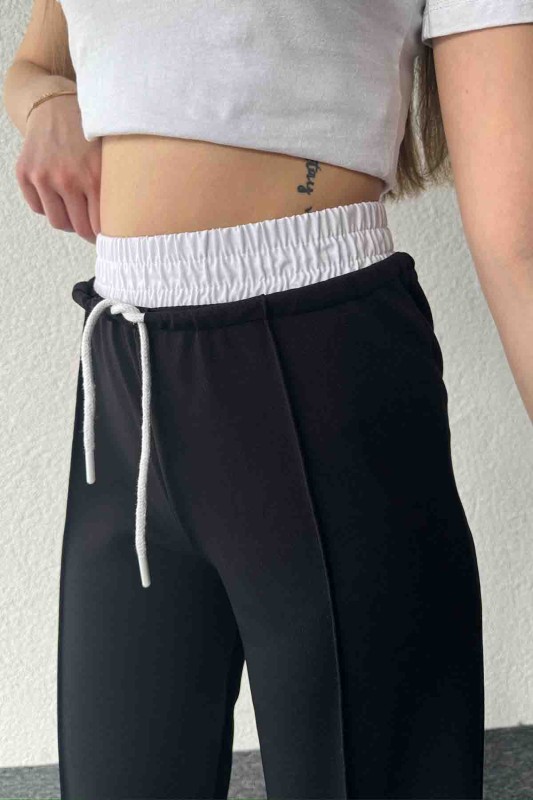 PNT-7382 Siyah Çimalı Bel Lastikli Krep Kumaş Pantolon - 2