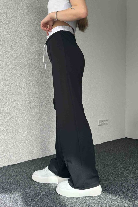 PNT-7382 Siyah Çimalı Bel Lastikli Krep Kumaş Pantolon - 4