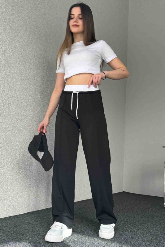 PNT-7382 Siyah Çimalı Bel Lastikli Krep Kumaş Pantolon - 1