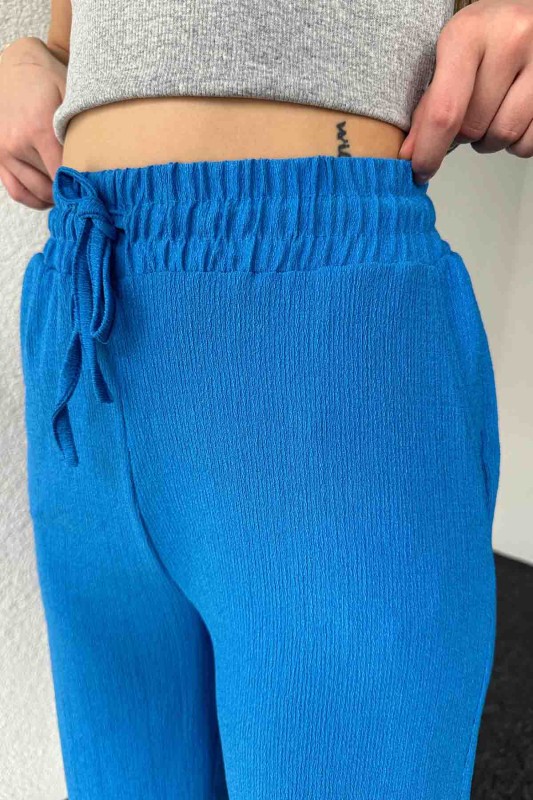 PNT-7384 Mavi Gofre Kumaş Pens Detaylı Şalvar Pantolon