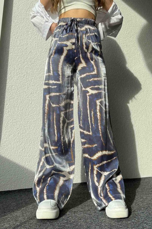 PNT-7391 Lacivert Batik Desenli Saten Kumaş Salaş Palazzo Pantolon - 2
