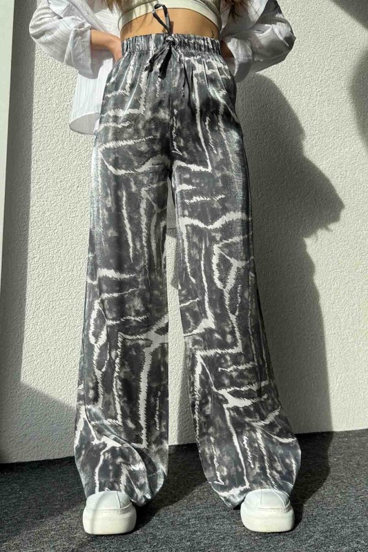 PNT-7391 Siyah Batik Desenli Saten Kumaş Salaş Palazzo Pantolon - 2