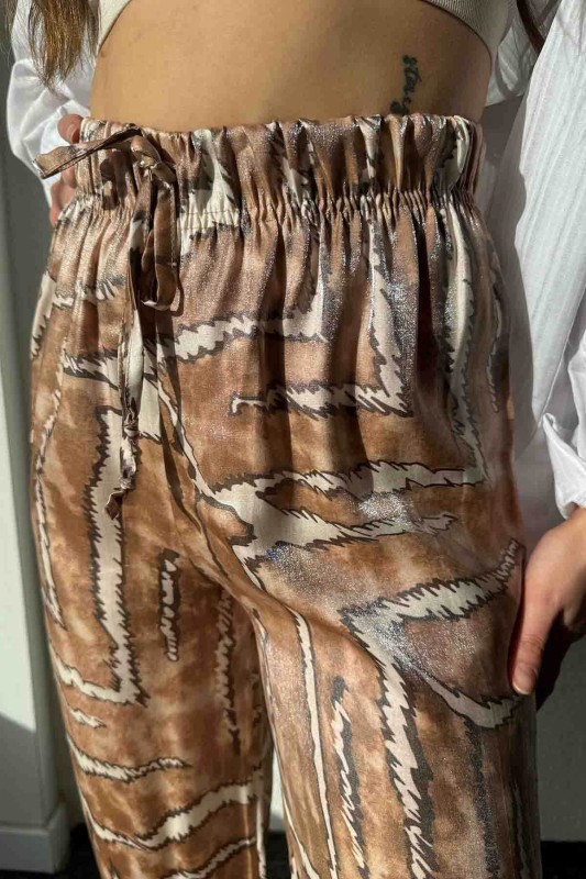 PNT-7391 Turuncu Batik Desenli Saten Kumaş Salaş Palazzo Pantolon - 5