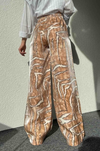 PNT-7391 Turuncu Batik Desenli Saten Kumaş Salaş Palazzo Pantolon - 4