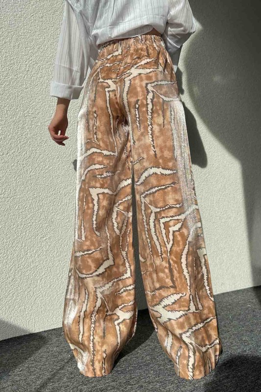 PNT-7391 Turuncu Batik Desenli Saten Kumaş Salaş Palazzo Pantolon - 4