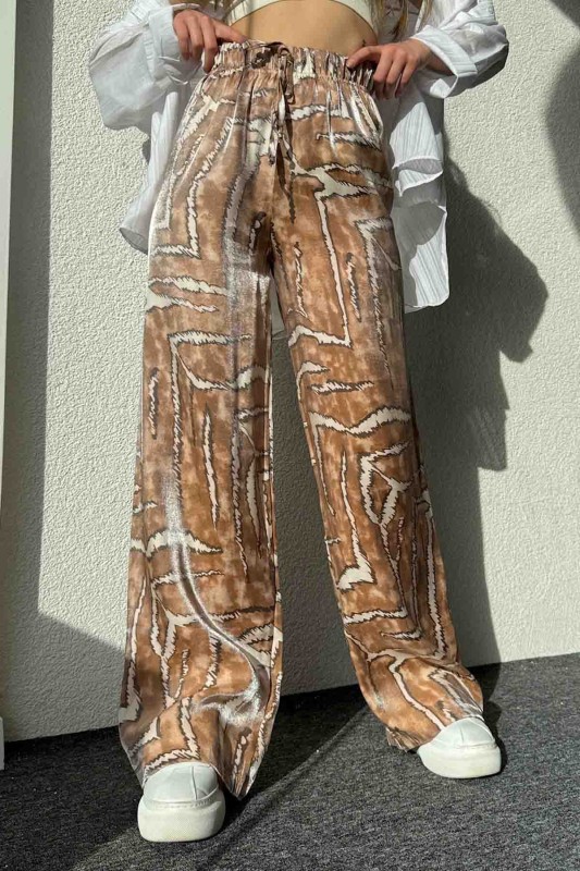 PNT-7391 Turuncu Batik Desenli Saten Kumaş Salaş Palazzo Pantolon - 2