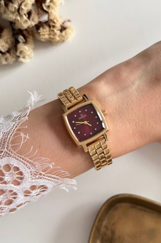Polka Bordo Kadran Gold Kadın Kol Saati
